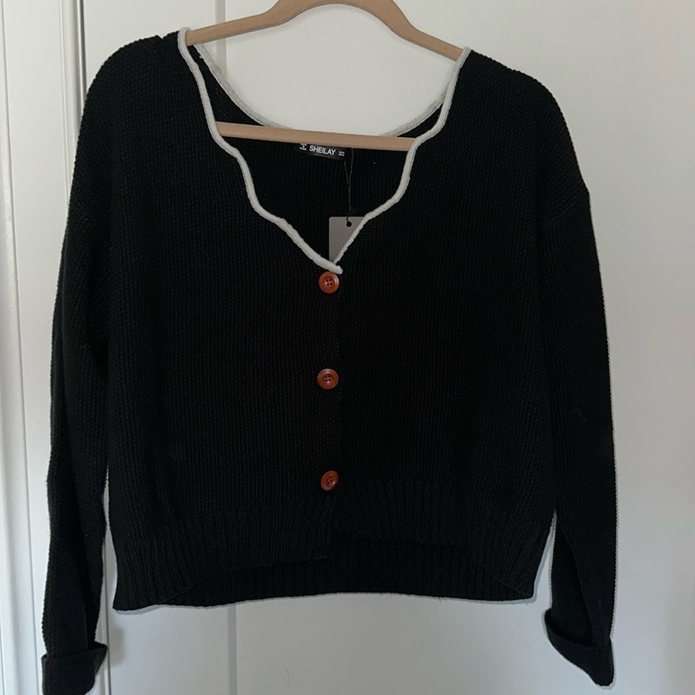 NWT Black and White Cardigan with brown buttons!